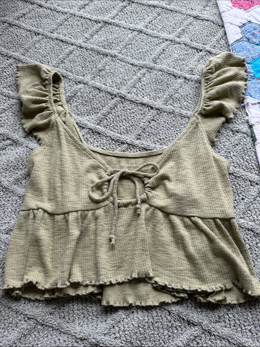 American Eagle Outfitters Sage Green Ruffle Sleeve Tie-Front Crop Top
